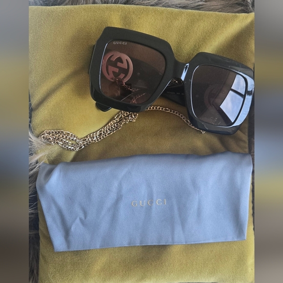 Gucci Accessories - Gucci Black Square Oversised Women's Sunglasses with Gold Chain. Authentic.